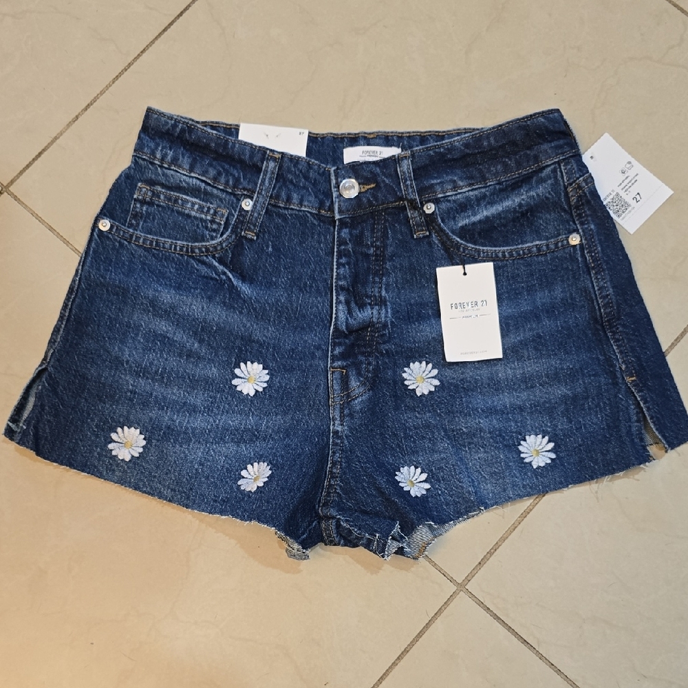 Forever 21 Blue Denim Shorts with Daisy Embroidery